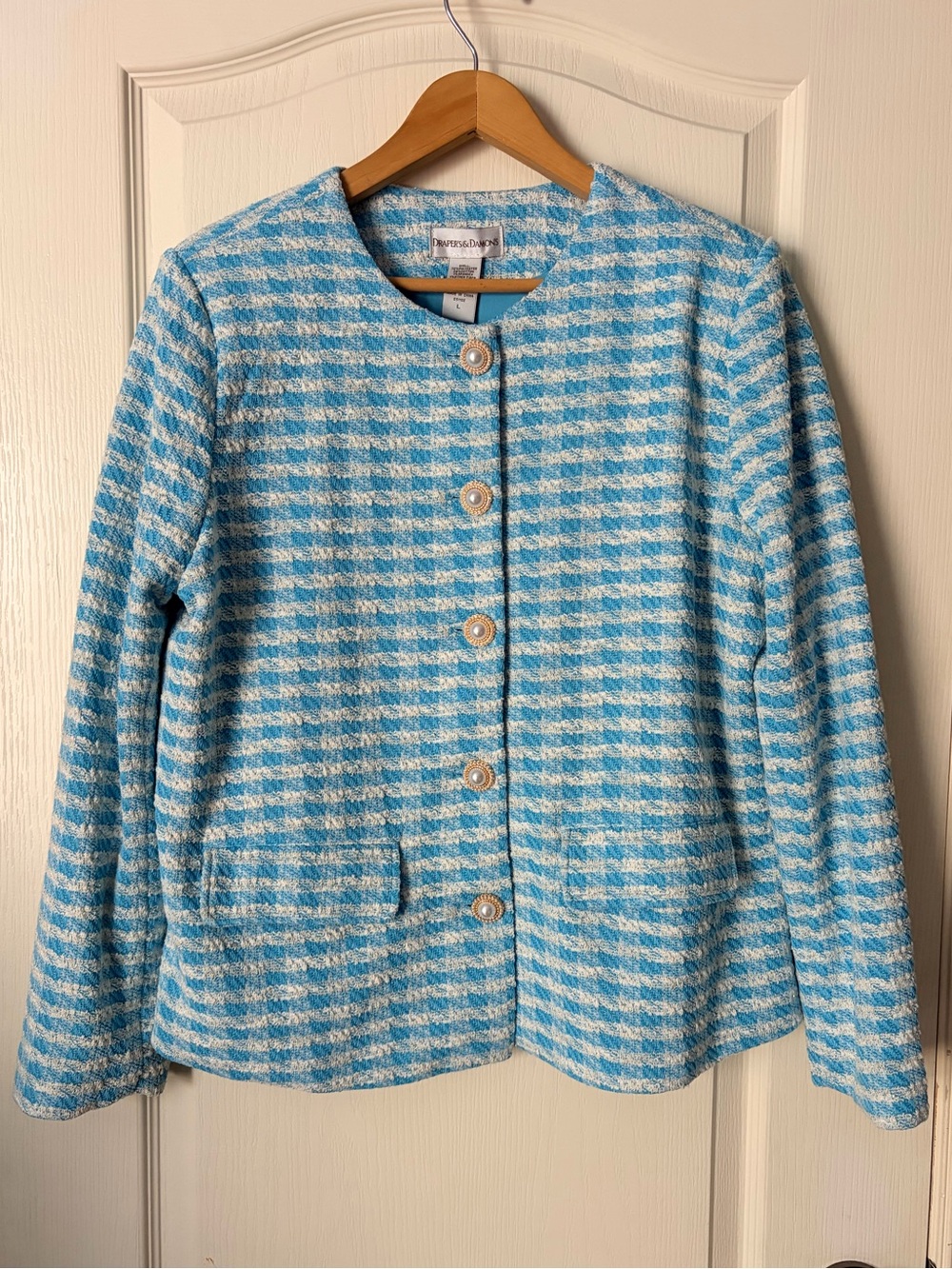 Drapers & Damons Light Blue & White Tweed Pearl Button Blazer Jacket, Size Large